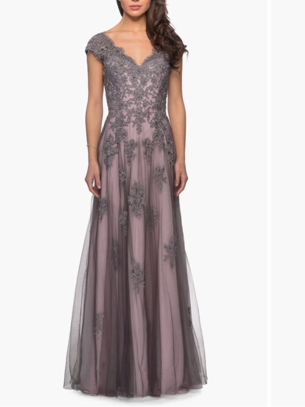 La Femme 23449 Pink Gray Embroidered Tulle Evening Gown Dress